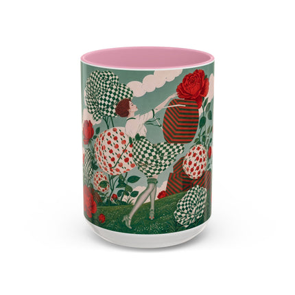 🌹💚 The Scarlet Rose Checkerboard Garden Colorful Mug – Art Deco Floral Whimsy