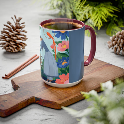 The Lady And The Mysterious Bird Colorful Mugs – Art Deco Botanical Mystery