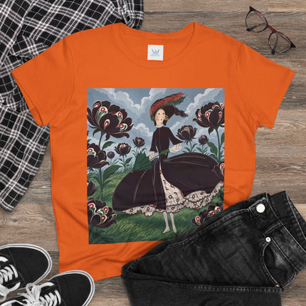 ❤️🌺 The Scarlet Parasol Garden Cotton Tee – Art Deco Floral Elegance