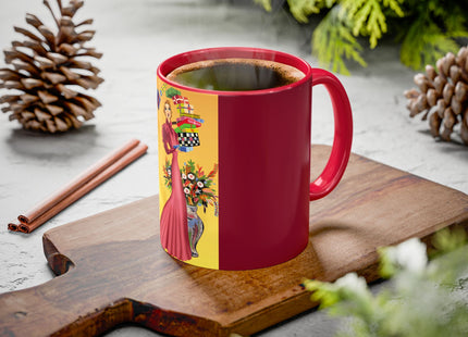 Elegant Holiday Woman with Gifts Colorful Mugs (11oz, 15oz)