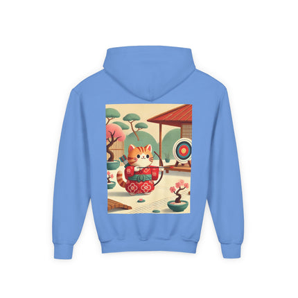 Archer Kitten in the Zen Garden Youth Hooded Sweatshirt – Calm Focus & Playful Strength
