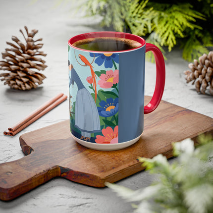 The Lady And The Mysterious Bird Colorful Mugs – Art Deco Botanical Mystery