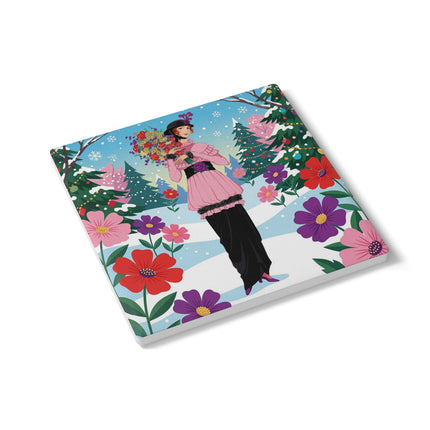 🎀🌸 The Lady Of The Christmas Bouquet Ceramic Coaster – Art Deco Holiday Fantasy