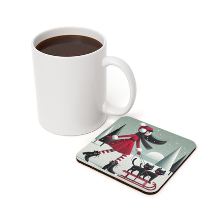 Red Sled & Curious Cats Cork Back Coaster