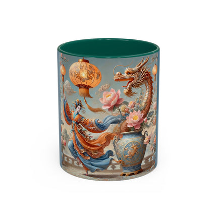 Golden Dragon & Lantern Lady Colorful Mug – Imperial Dragon & Elegant Harmony