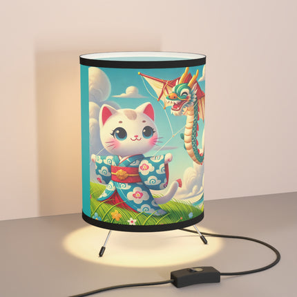 Geisha Kitten and the Dragon Kite Tripod Lamp