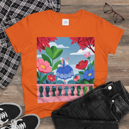 🌸💙 The Lady Of The Flower Terrace Cotton Tee – Colorful Art Deco Garden Elegance
