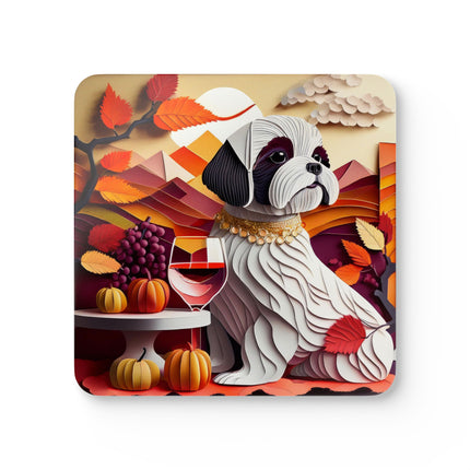 Shih Tzu at an Autumn Wine Tasting Corkwood Coaster Set