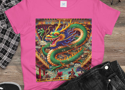 Tibetan Dragon Over Kabuki Duel Women's Midweight Cotton Tee