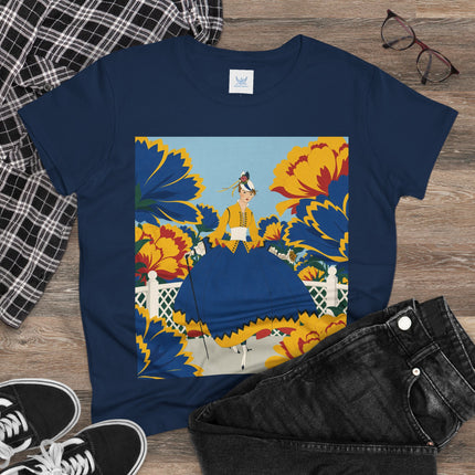💙🌼 The Golden Petal Promenade Cotton Tee – Art Deco Floral Elegance