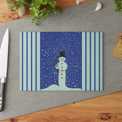 Snowman in Falling Snow Glass Cutting Board