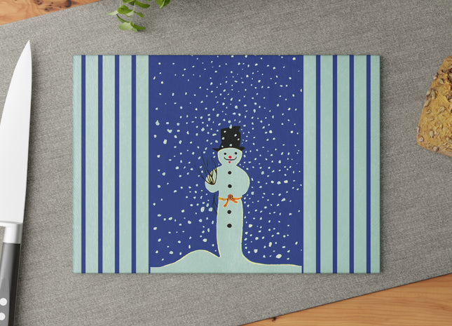Snowman in Falling Snow Glass Cutting Board