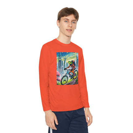 Cyberpunk Frog Youth Long Sleeve Competitor Tee – Neon Trails & Futuristic Adventure