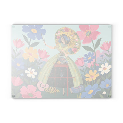 🌸🪞 The Lady Of The Flower Parasol Glass Cutting Board – Art Deco Garden Fantasy
