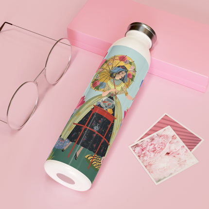 🌸🪞 The Lady Of The Flowered Parasol Slim Water Bottle – Art Deco Floral Whimsy