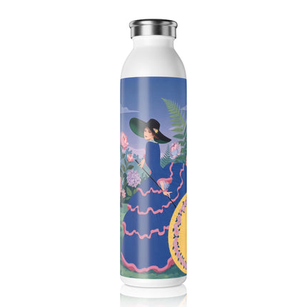 🌸👒 The Enchanted Flower Garden Promenade Slim Water Bottle – Art Deco Floral Elegance