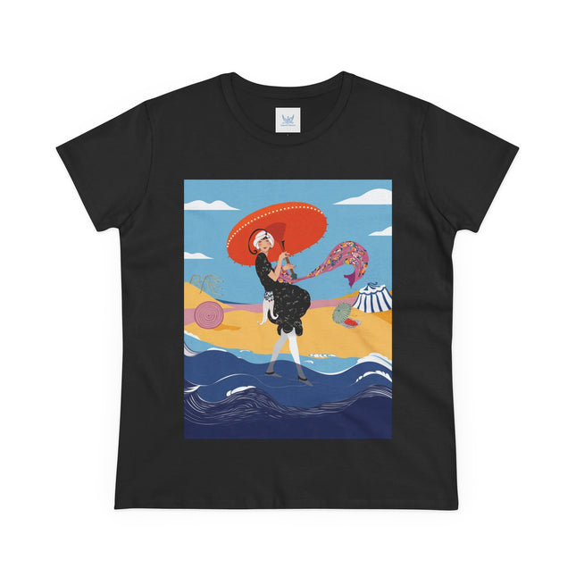 Beachside Promenade Women's Midweight Cotton Tee – Summer Glamour & Coastal Joy