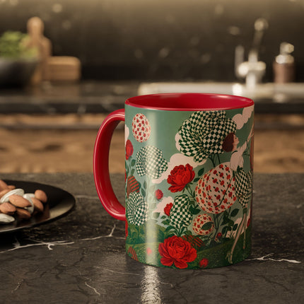 🌹💚 The Scarlet Rose Checkerboard Garden Colorful Mug – Art Deco Floral Whimsy