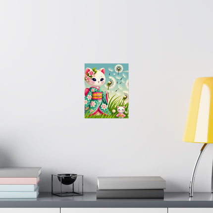 🌾🌼 Geisha Kitten and the Dandelion Wish Matte Vertical Poster – Gentle Wishes & Quiet Wonder