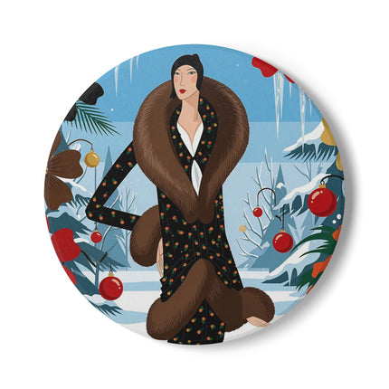 ❤️🌺 The Lady Of The Winter Garden Ceramic Coaster – Art Deco Winter Elegance