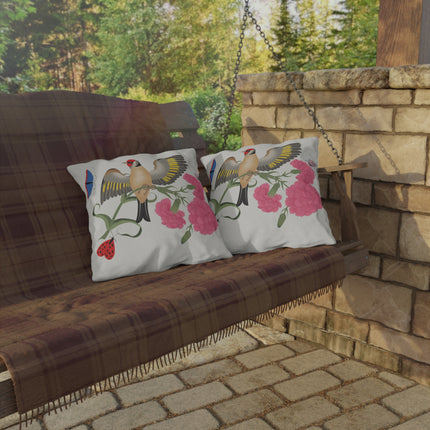 Goldfinch & Pink Flowers Outdoor Pillows – Vibrant Spring & Delicate Beauty