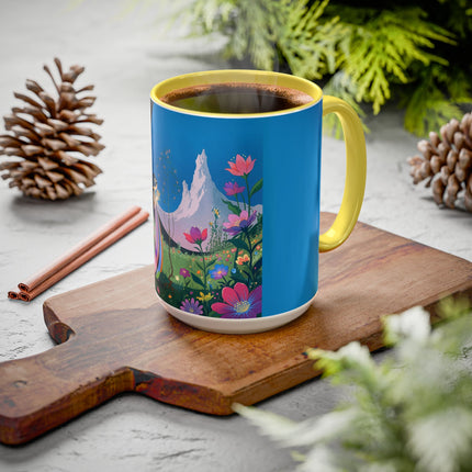 The Lady And The Moonlit Peak Colorful Mugs – Art Deco Alpine Garden Elegance