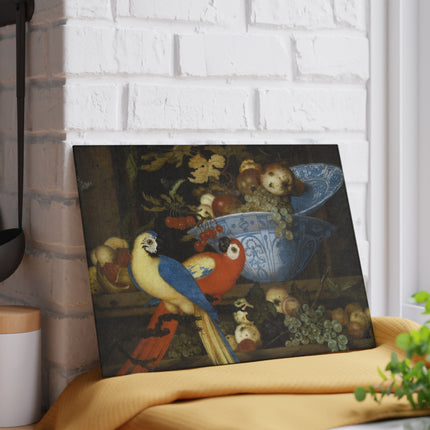 Fruit Still Life With Two Parrots by Balthasar Van der Ast Glass Cutting Board