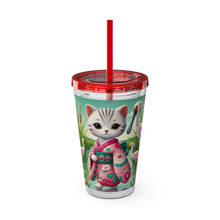 Geisha Kitten Strolls Among the Spoonbills Sunsplash Tumbler with Straw, 16oz