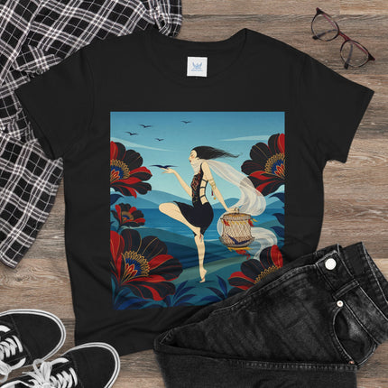 🌊🌺 The Lady Of The Wild Wind Cotton Tee – Art Deco Coastal Fantasy