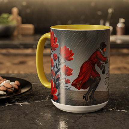☔🌹 The Scarlet Rainstorm Promenade Colorful Mug – Art Deco Motoring Elegance