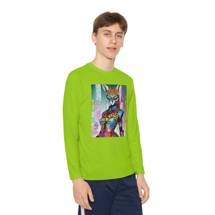 Cyber Cat Glamour Youth Long Sleeve Competitor Tee – Neon Elegance & Futuristic Style