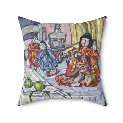 Japanese Dolls With Apples by Eugenie Bandell Spun Polyester Square Pillow