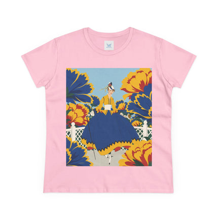 💙🌼 The Golden Petal Promenade Cotton Tee – Art Deco Floral Elegance