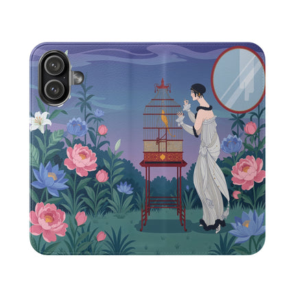 🐦🌸 The Lady And The Golden Bird Flip Case – Art Deco Floral Reverie