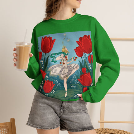 🌷🩰 The Scarlet Tulip Ballet Crewneck Sweatshirt – Art Deco Floral Whimsy