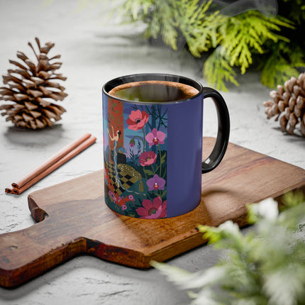 The Lady And The Midnight Birdcage Colorful Mugs – Art Deco Botanical Elegance