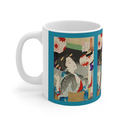 Looking Observant; The Appearance of a Kyoto Waitress of the Meiji Era by Tsukioka Yoshitoshi Ceramic Mug 11oz