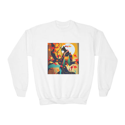 Black Cat in Kimono Youth Crewneck Sweatshirt