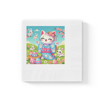 Springtime Kitten’s Easter Joy White Coined Napkins