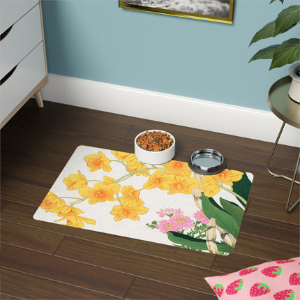 Golden Orchid Cascade Pet Food Mat – Vintage Japanese Bloom
