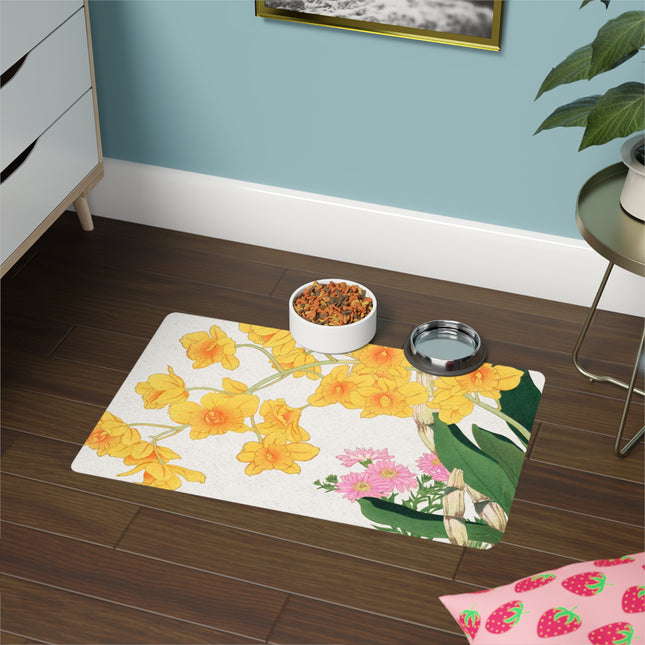 Golden Orchid Cascade Pet Food Mat – Vintage Japanese Bloom