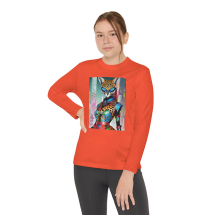 Cyber Cat Glamour Youth Long Sleeve Competitor Tee – Neon Elegance & Futuristic Style