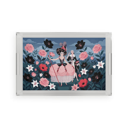🌹🎭 The Rose Masquerade Promenade Acrylic Serving Tray – Art Deco Floral Elegance