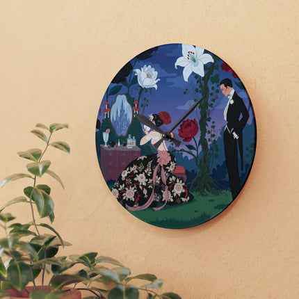🌹🪞 The Lady Of The Midnight Garden Vanity Acrylic Wall Clock – Art Deco Floral Romance