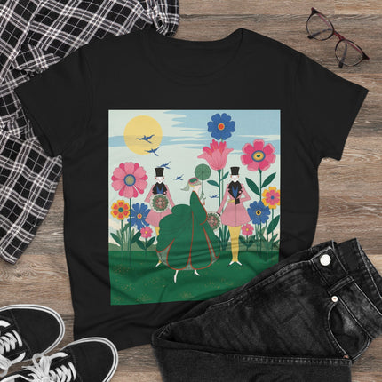🌸🎩 The Lady Of The Giant Flower Garden Cotton Tee – Art Deco Floral Promenade