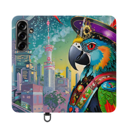 🦜⚡ Tech Plumes Flip Case – Neon Feathers & Futuristic Brilliance