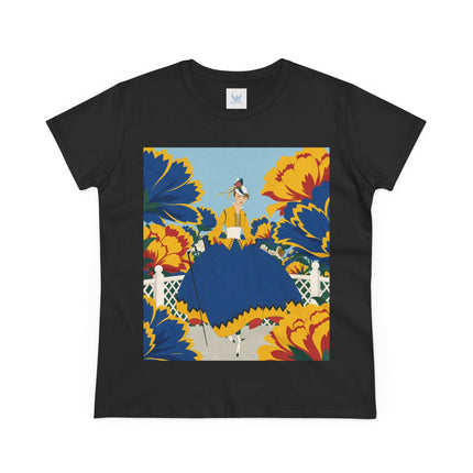 💙🌼 The Golden Petal Promenade Cotton Tee – Art Deco Floral Elegance