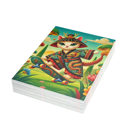 🐉🛹 The Dragon Skateboard Kitten Greeting Card – Whimsical Enchanted Garden