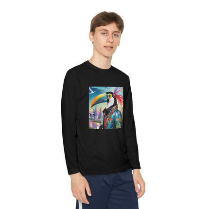 Cyber Toucan Chic Youth Long Sleeve Competitor Tee – Neon Feathers & Futuristic Style