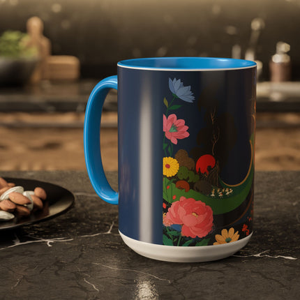 The Lady And The Crimson Moonbird Colorful Mugs – Art Deco Whimsical Garden Elegance